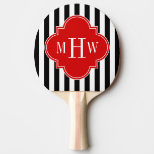 Black White Stripe Red Quatrefoil 3 Monogram Ping-Pong Paddle