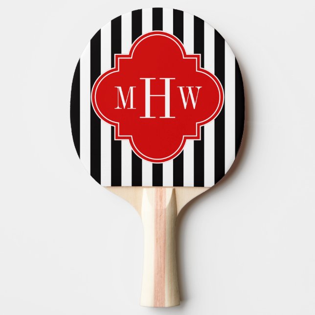 Black White Stripe Red Quatrefoil 3 Monogram Ping-Pong Paddle (Front)