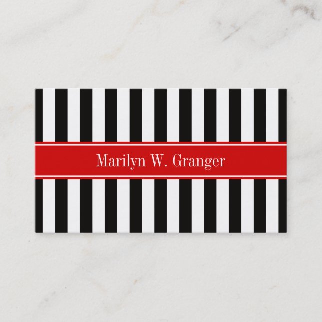 Black White Stripe Red Ribbon Name Monogram Business Card (Front)