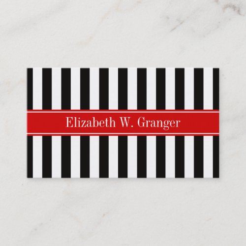 Black White Stripe Red Ribbon Name Monogram Business Card