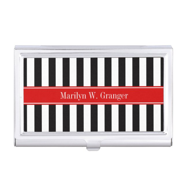 Black White Stripe Red Ribbon Name Monogram Case For Business Cards (Front)