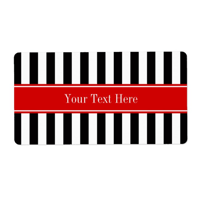 Black White Stripe Red Ribbon Name Monogram Label (Front)