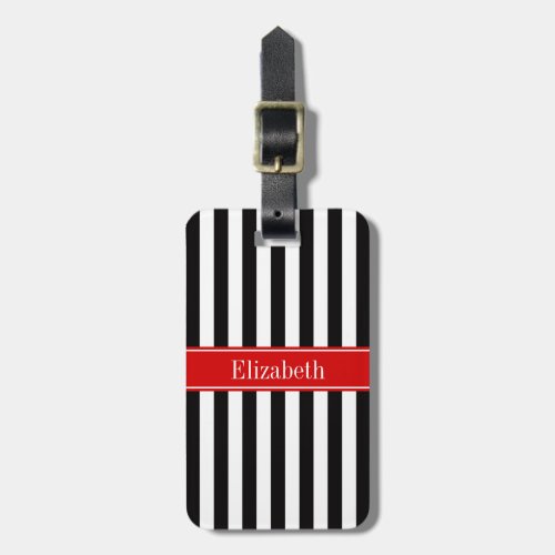Black White Stripe Red Ribbon Name Monogram Luggage Tag