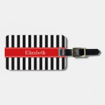 Black White Stripe Red Ribbon Name Monogram Luggage Tag