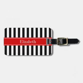 Black White Stripe Red Ribbon Name Monogram Luggage Tag