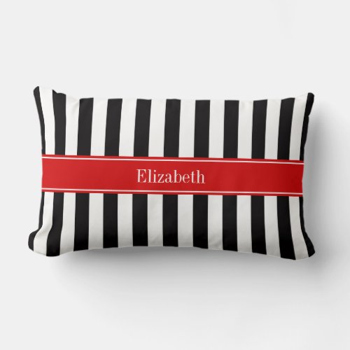 Black White Stripe Red Ribbon Name Monogram Lumbar Pillow