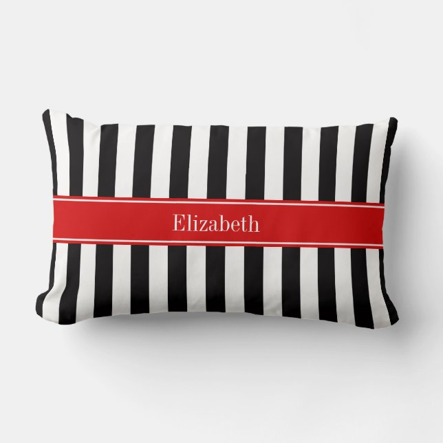 Black White Stripe Red Ribbon Name Monogram Lumbar Pillow (Front)