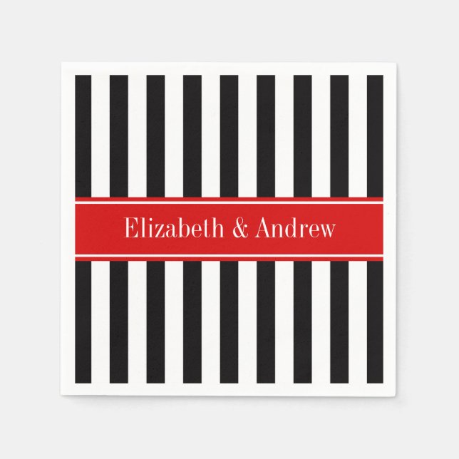 Black White Stripe Red Ribbon Name Monogram Napkins (Front)