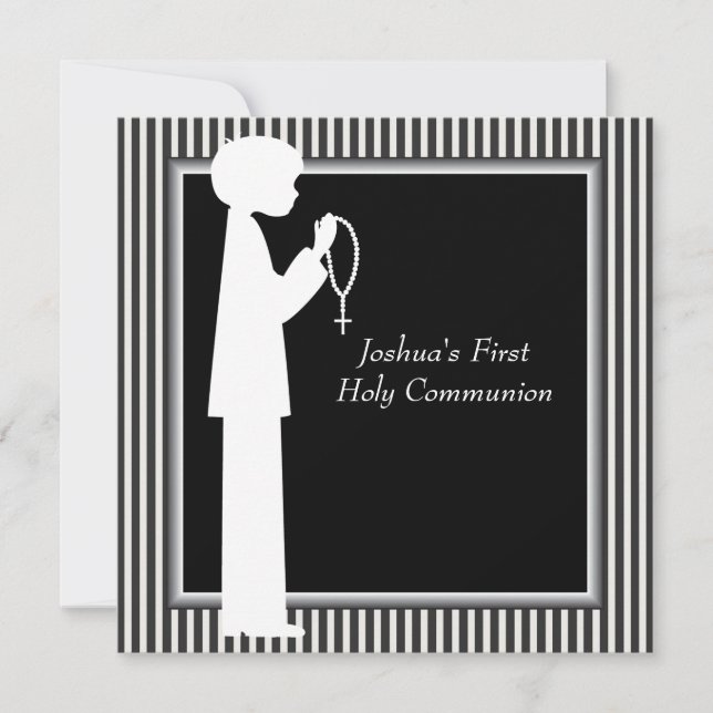 Black White Stripe Rosary Boys First Communion Invitation (Front)