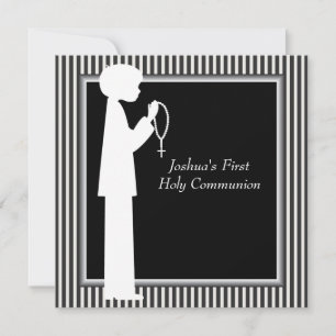Black White Stripe Rosary Boys First Communion Invitation