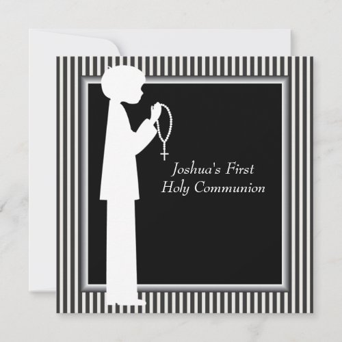 Black White Stripe Rosary Boys First Communion Invitations