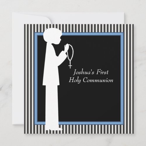 Black White Stripe Rosary Boys First Communion Personalized Invitations