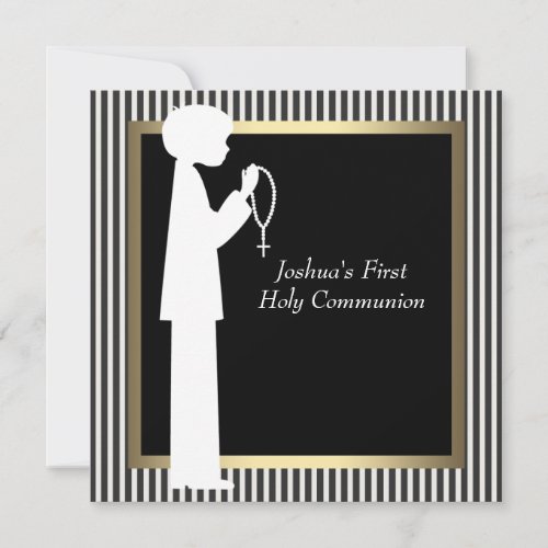 Black White Stripe Rosary Boys First Communion Custom Announcements