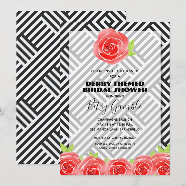 Black White Stripe Rose Derby Bridal Shower Invite (Front/Back)