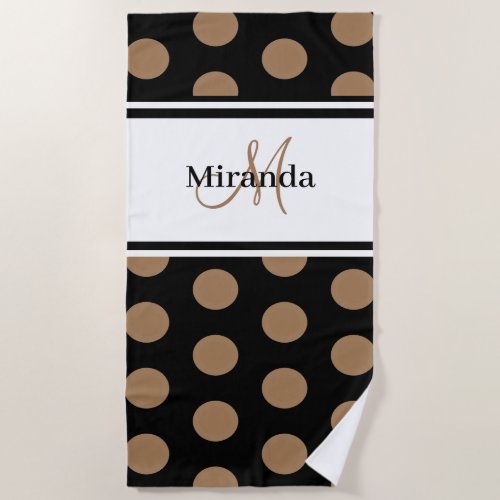 Black White Stripe Script Monogram Brown Polka Dot Beach Towel