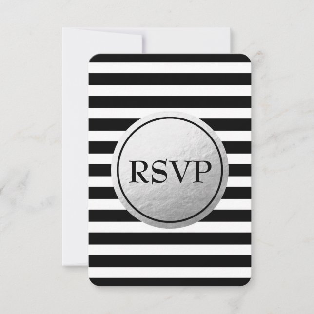 Black & White Stripe Silver Foil Wedding RSVP Card (Front)