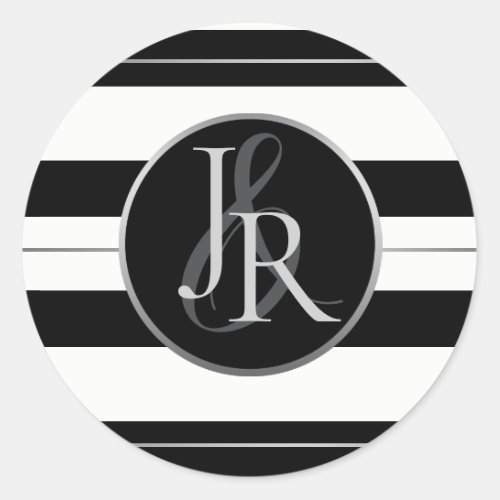 Black  White Stripe Silver Optional Monogram Classic Round Sticker