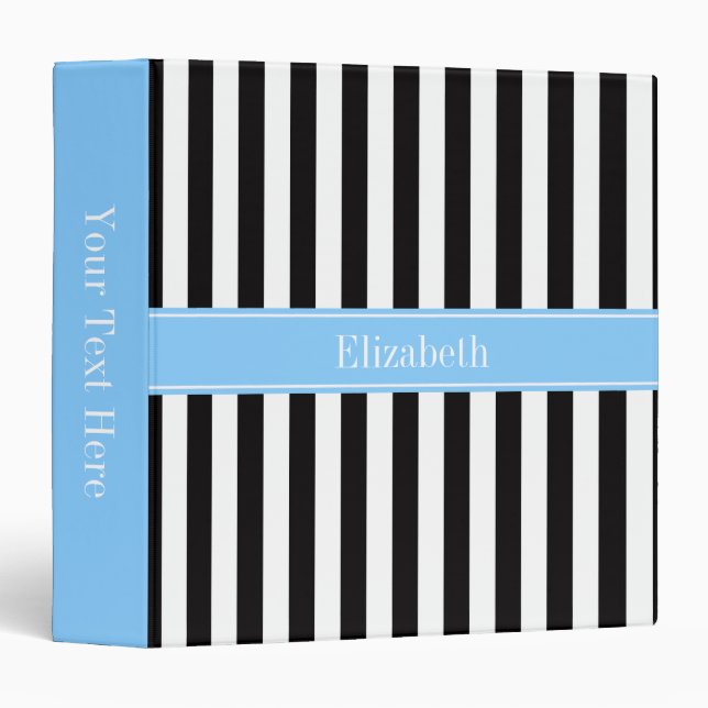 Black White Stripe Sky Blue Name Monogram Binder (Front/Spine)