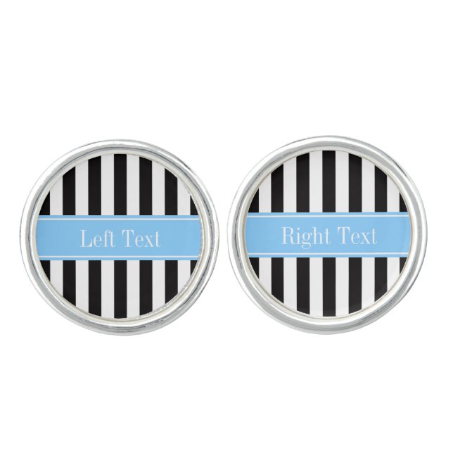 Black White Stripe Sky Blue Name Monogram Cufflinks (Front)