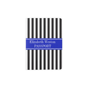 Black White Stripe Sky Blue Name Monogram Passport Holder