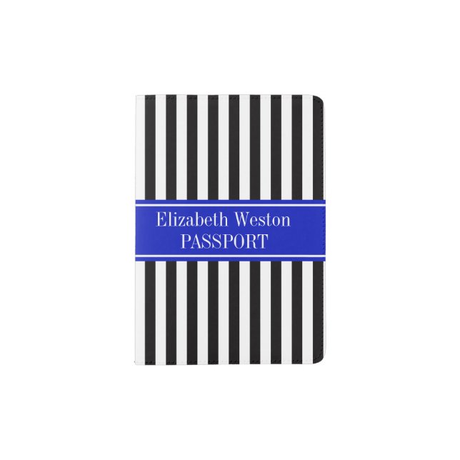 Black White Stripe Sky Blue Name Monogram Passport Holder (Front)