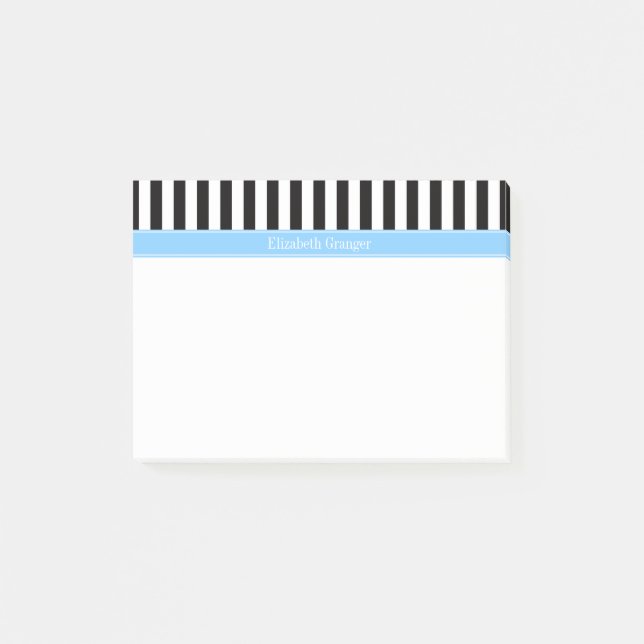 Black White Stripe Sky Blue Name Monogram Post-it Notes (Front)