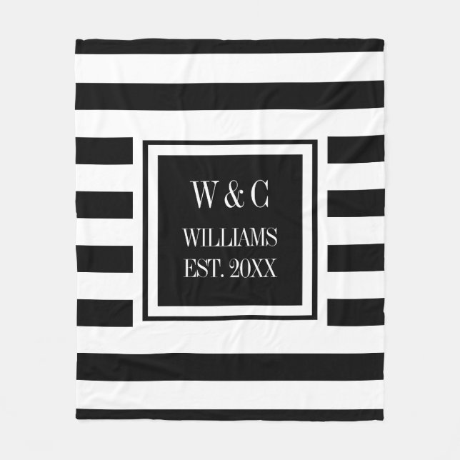 Black White Stripe Stylish Monogram Fleece Blanket (Front)