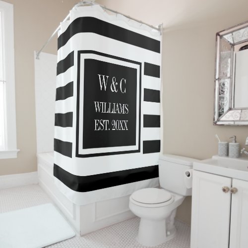 Black White Stripe Stylish Trendy Monogram Shower Curtain