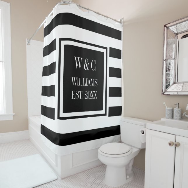 Black White Stripe Stylish Trendy Monogram Shower Curtain (In Situ)