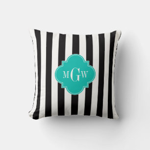 Black White Stripe Teal Quatrefoil 3 Monogram Throw Pillow
