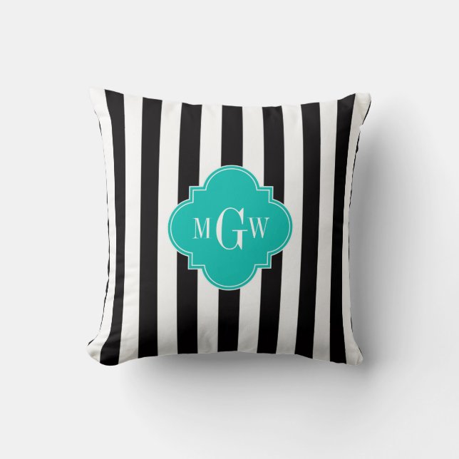 Black White Stripe Teal Quatrefoil 3 Monogram Throw Pillow (Front)