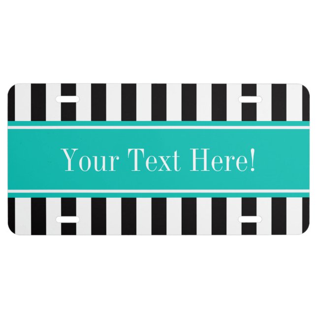 Black White Stripe Teal Ribbon Name Monogram License Plate (Front)