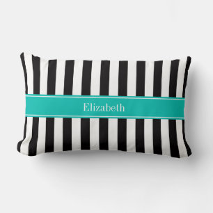 Black White Stripe Teal Ribbon Name Monogram Lumbar Pillow