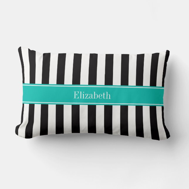 Black White Stripe Teal Ribbon Name Monogram Lumbar Pillow (Front)