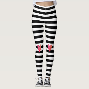 Black White Stripe Trendy Pink Heart Valentine Leggings
