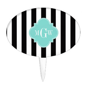 Black White Stripe Turquoise Quatrefoil 3 Monogram Cake Topper