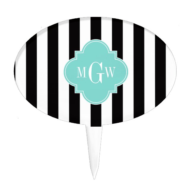 Black White Stripe Turquoise Quatrefoil 3 Monogram Cake Topper (Front)