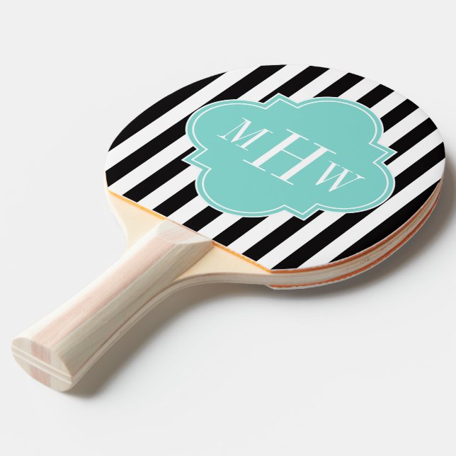 Black White Stripe Turquoise Quatrefoil 3 Monogram Ping-Pong Paddle (Front Angle)