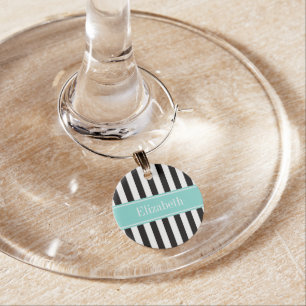 Black White Stripe Turquoise Ribbon Name Monogram Wine Charm