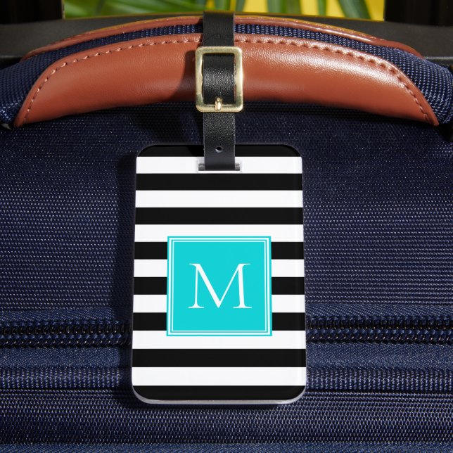 Black & White Stripe with Aqua Monogram Luggage Tag (Front Insitu 2)