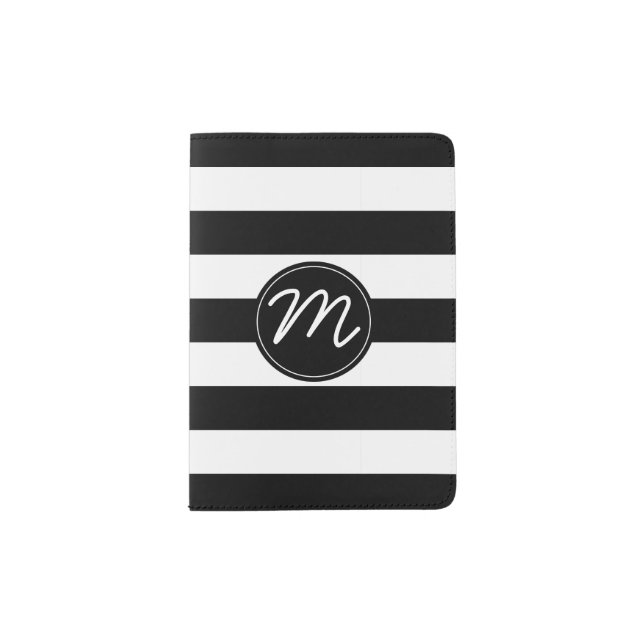 Black & White Stripe with Black Monogram Passport Holder (Front)