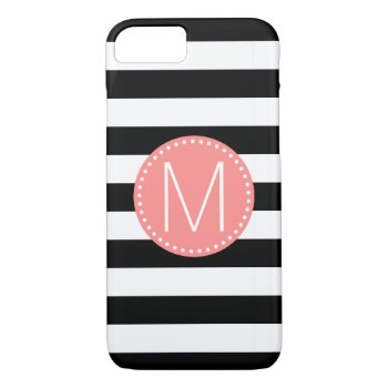 Black & White Stripe With Coral Monogram Iphone 8/7 Case by StripyStripes at Zazzle