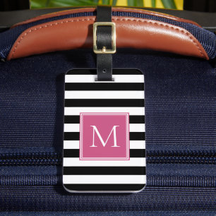 Black & White Stripe with Hot Pink Monogram Luggage Tag
