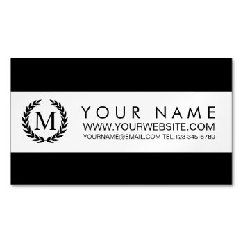 Black & White Stripe With Laurel Wreath Monogram Business Card Magnet by StripyStripes at Zazzle