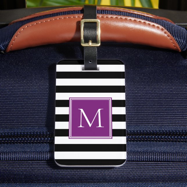 Black & White Stripe with Plum Monogram Luggage Tag (Front Insitu 2)