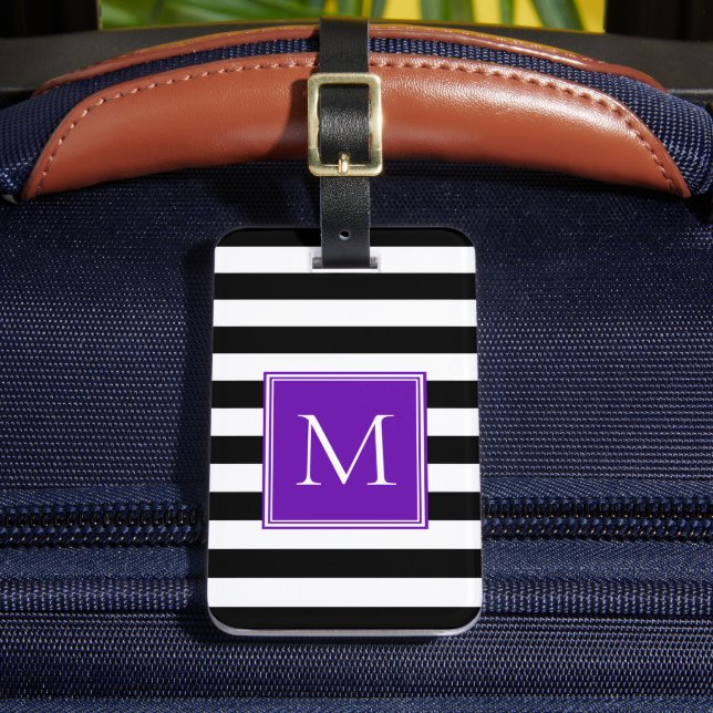 Black & White Stripe with Purple Monogram Luggage Tag (Front Insitu 2)