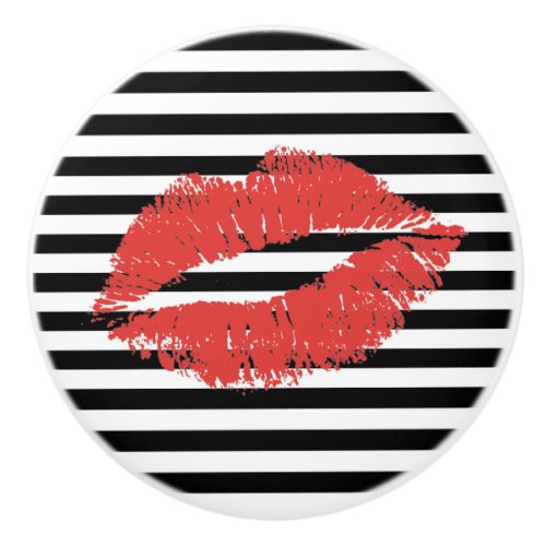 Black  White Stripe with Red Lips Drawer Pull