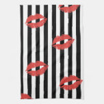 Black &amp; White Stripe With Red Lips Kitchen Towel at Zazzle