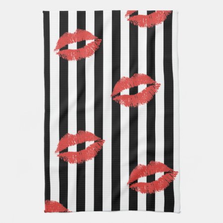 Black & White Stripe With Red Lips Kitchen Towel