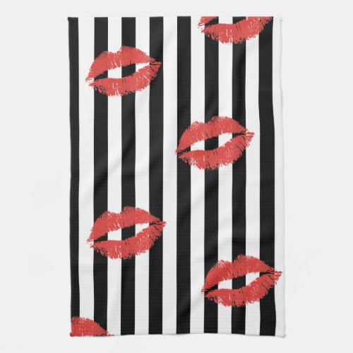 Black  White Stripe with Red Lips Kitchen Towel